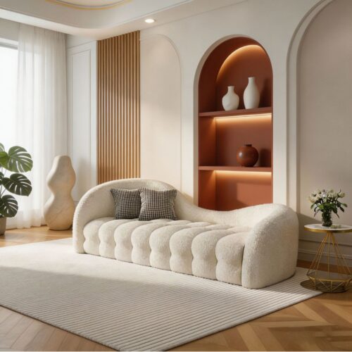 Upholstered Curved Sofa, Cream-colored, with Lambswool Fabric - Living room furniture - QONKA HOME