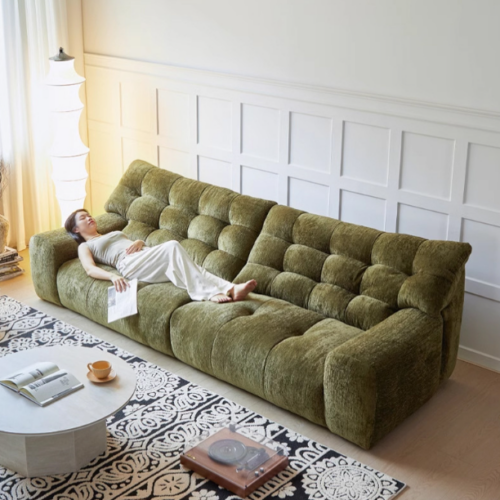 French Mid-Century Style Sofa, High-End Chenille Sofa, Vintage Green Living Room Sofa - Living room furniture - QONKA HOME