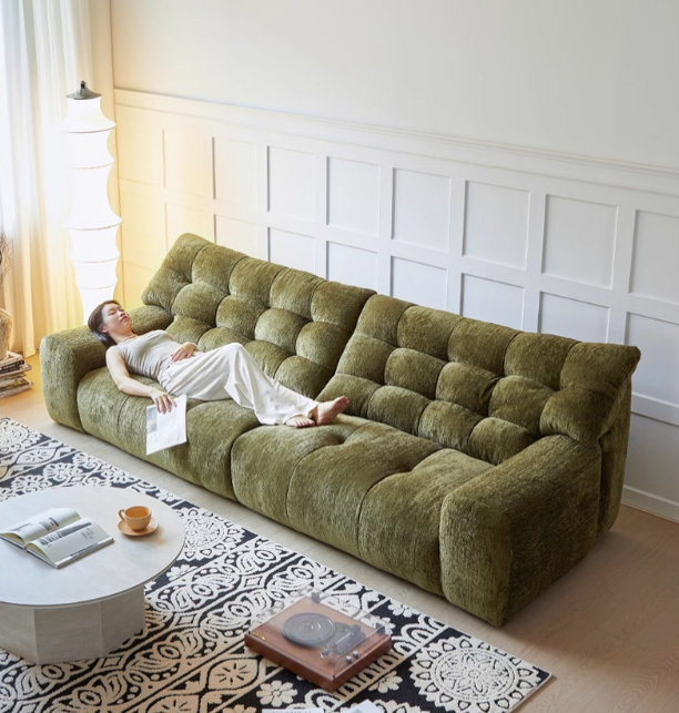 French Mid-Century Style Sofa, High-End Chenille Sofa, Vintage Green Living Room Sofa