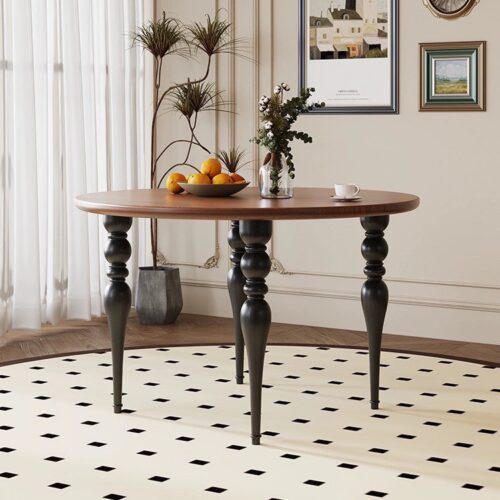 Round Solid Pine Wood Dining Table Vintage Turned Wood Leg Dinner Table - Dining table - QONKA HOME