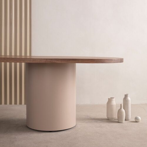 Oval Solid Pine Wood Dining Table Two Cylinder Base Minimalist Wabi Sabi Dinner Table - Dining table - QONKA HOME