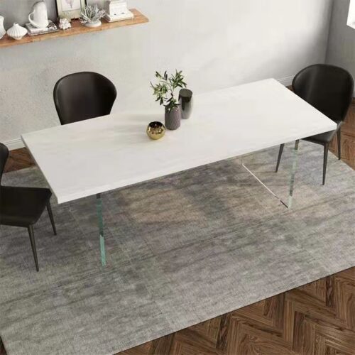Rectangular Solid Wood Table with Acrylic Legs Minimalist White Dining Desk - Dining table - QONKA HOME