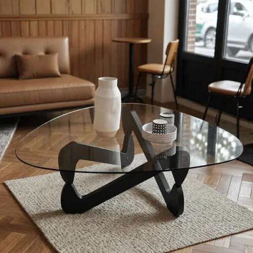 Modern  rounded triangle Tempered Glass Coffee Table, Unique Crossed Solid Wood Leg Art Center Table - Coffee table - QONK...