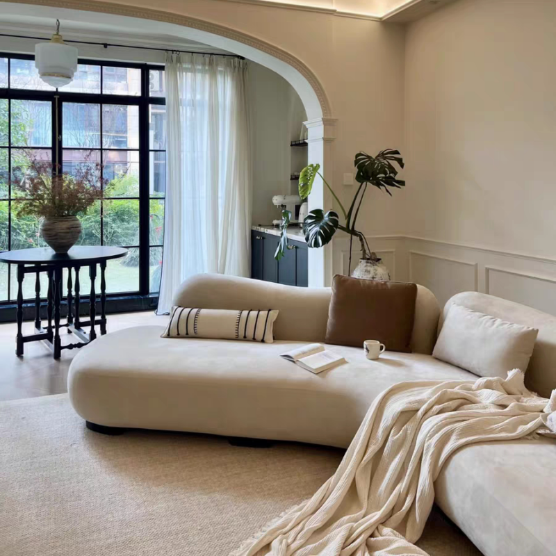 Italian Curved Sofa, Light Luxury with a Sophisticated Sea Salt Finish