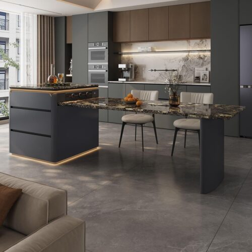 Extendable Natural Luxury Stone Dining Table Island Integrated Design Solid Wood Frame With Storage & LED Light - Din...