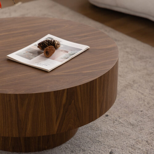 Modern Wooden Grain Circular Center Table, Cylindrical Base Design with MDF - Coffee table - QONKA HOME