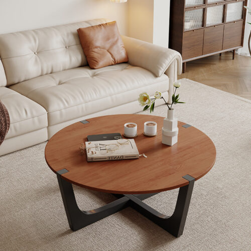 Oval & Round Solid Wood Coffee Table with Black Metal Legs, Modern Living Room Center Table - Coffee table - QONKA HOME