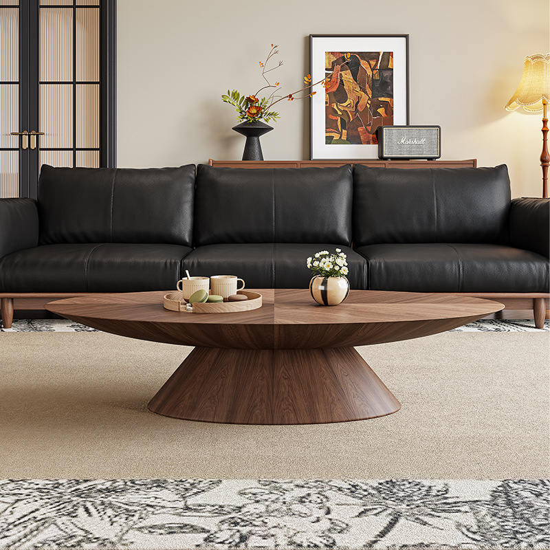 Mid‑Century Modern Oval Walnut Coffee Table, Pedestal Base Wood Coffee Table