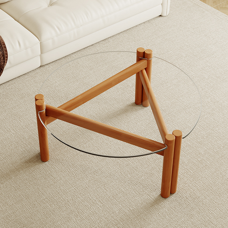 Modern minimalist Round Clear Glass Coffee Table, Tripod Wooden Leg Transparent Center Table
