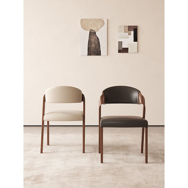 Italian Minimalist Solid Wood Arm Dining Chair PU Leather Upholstered Side Chair Ergonomic Curved Backrest Chair