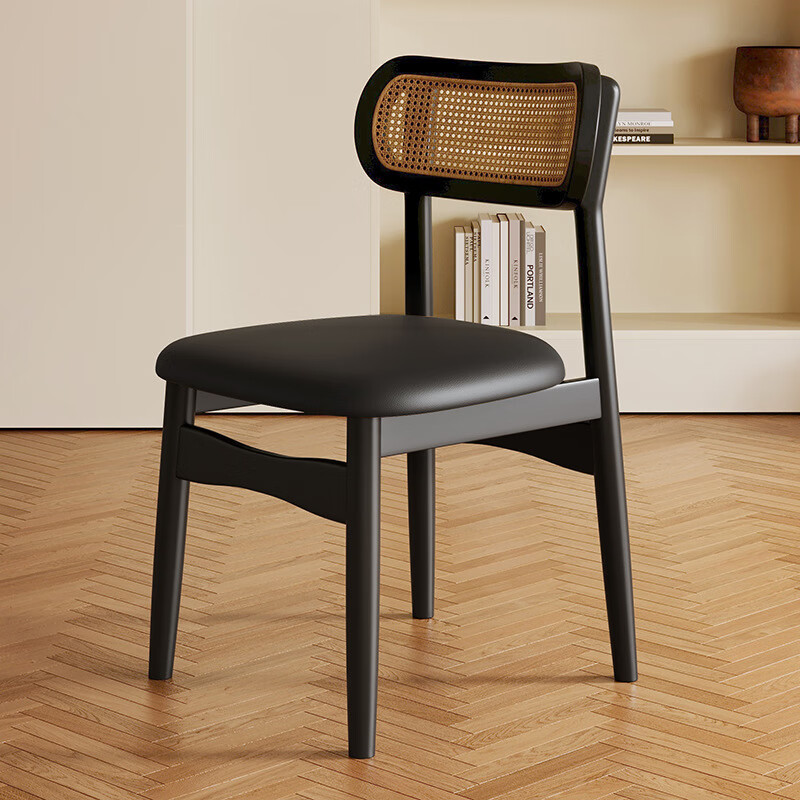 Solid Wood Rattan Back Dining Chair PU Leather Upholstered Seat Retro Woven Dining Chair Custom Color For Home Restaurant Hotel