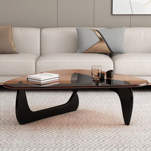 Mid‑Century Irregular Amber Glass Coffee Table, Asymmetrical Tea Table with Rubber Wood Legs - Coffee table - QONKA HOME
