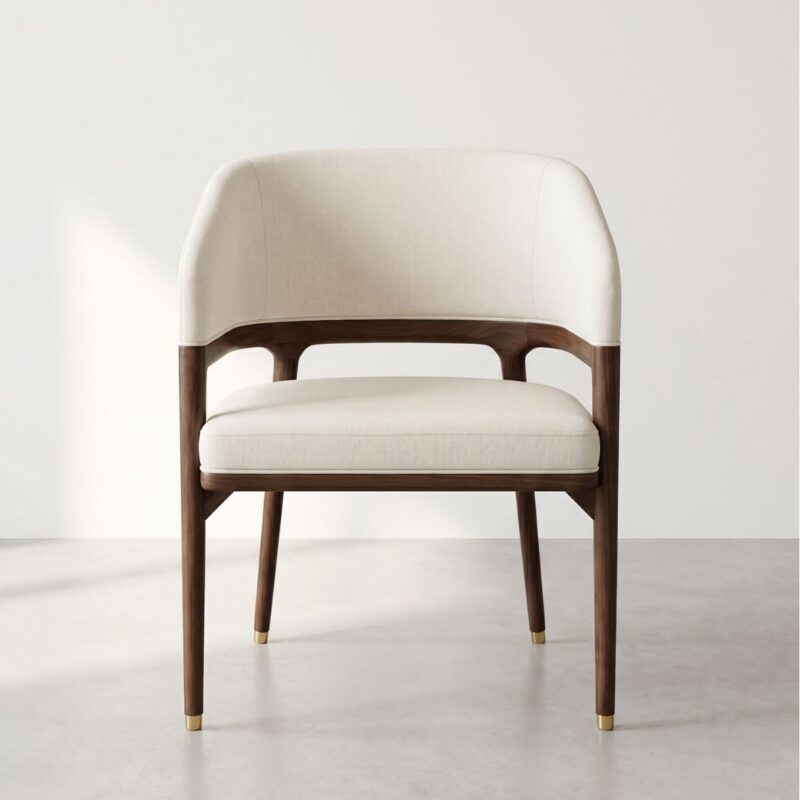 Luxury Curved Arm Solid Wood Dining Chair,  High-End Ash Wood Fabric Upholstered Chair With Metal Trim For Villa Hotel
