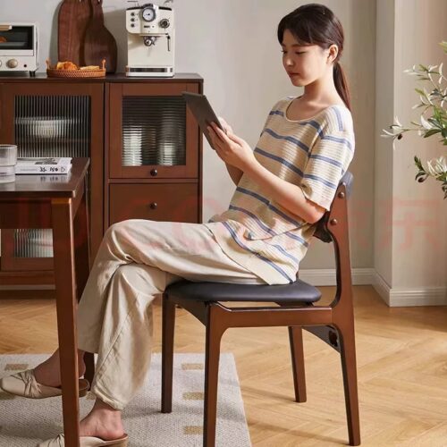 Modern Solid Wood Dining Chair Upholstered Soft Leather Cushion Curved Ergonomic Backrest Home Restaurant Side Chair For D...