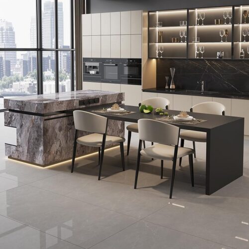 Modern Sintered Stone Dining Table with Solid Wood Cabinet Kitchen Island Integrated with LED Light - Dining table - QONKA...