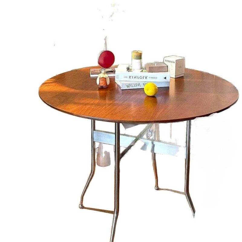 Vintage Round Dining Table Solid Wood Tabletop Carbon Steel Legs Mid‑Century Dining Table For Home Kitchen Dining Room