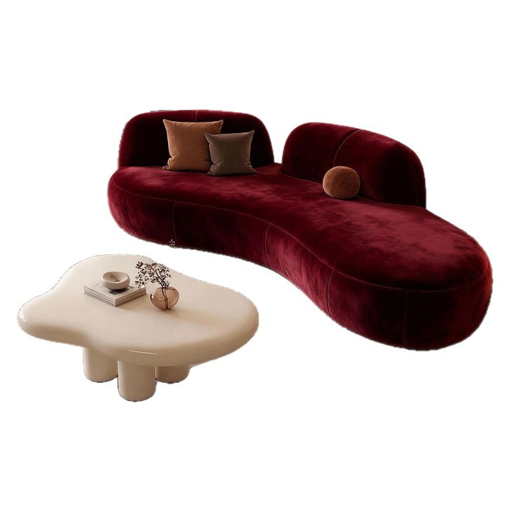 Wine-red Curved Fabric Sofa, Simple and Modern