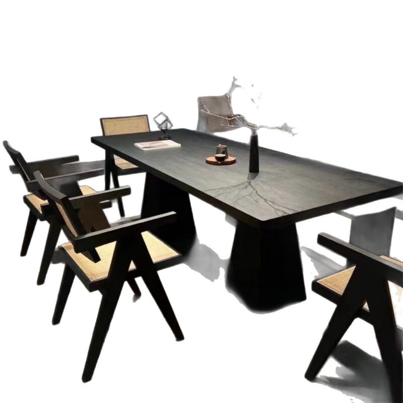 Solid Wood Dining Table, Pine / Ash Wood, Black Carbonized Finish, Modern Wabi‑Sabi Rectangular Dinner Table