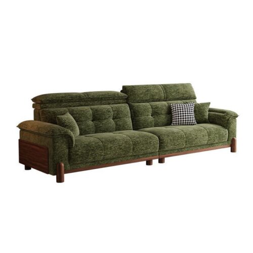 French-style Vintage Sofa, Green Chenille Solid Wood Sofa with Straight Backrest - Living room furniture - QONKA HOME