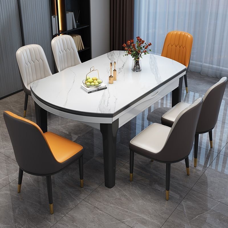 Extendable Dining Table with Sintered Stone Top & Rubber Wood Frame, Round to Oval Convertible Dinner Table for Home Dining Room
