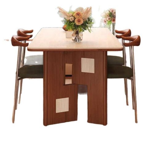 Art Geometric Dining Table, Sintered Stone Tabletop with Ash Wood Frame for Home Dining Room - Dining table - QONKA HOME