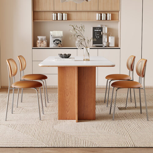 Retro Hollow‑Leg Dining Table, Sintered Stone Tabletop with Solid Ash Wood Frame for Home Dining Room - Dining table - Q...