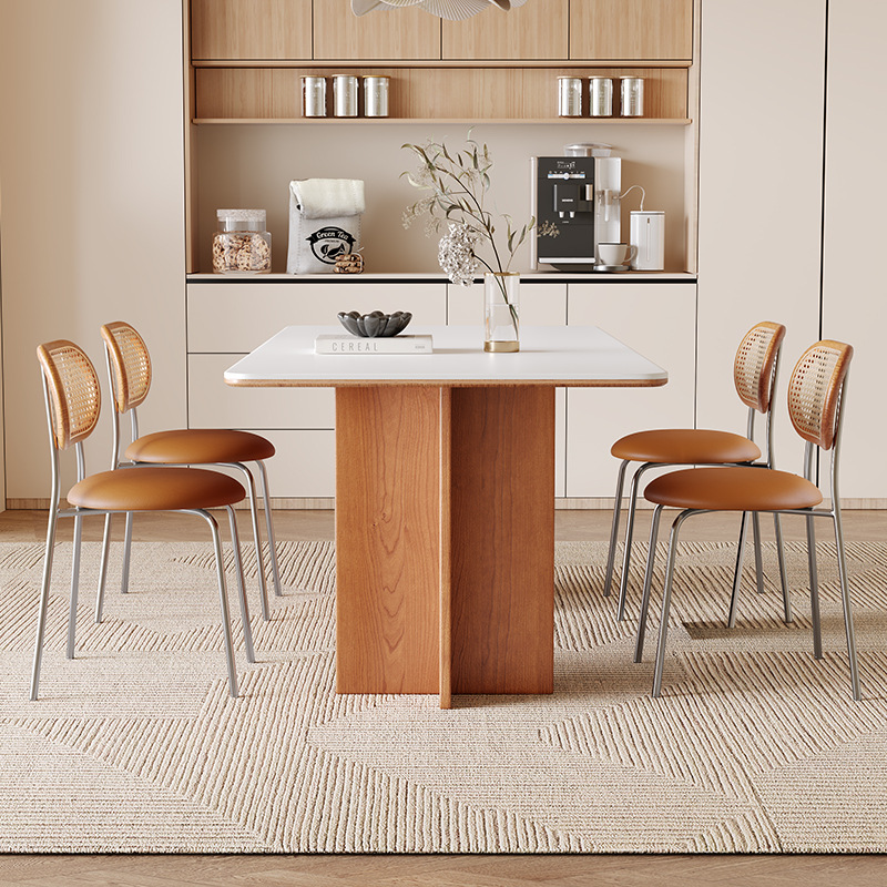 Retro Hollow‑Leg Dining Table, Sintered Stone Tabletop with Solid Ash Wood Frame for Home Dining Room