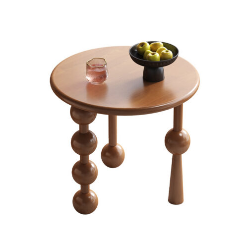 Round Rubber Wood Side Table, Creative Beaded Sculptural Leg End Table, Modern Decorative Wooden Accent Table For Living R...