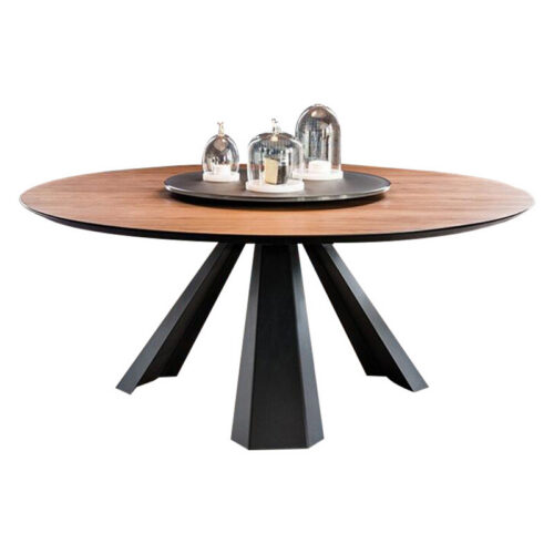 Round Solid Pine Wood Dining Table With Metal Iron Legs Luxury Home Dinner Table - Dining table - QONKA HOME
