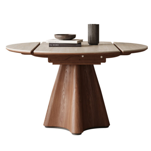 Extendable Round Dining Table Sintered Stone Top with Solid Wood Base and Fiberglass Table Leg - Dining table - QONKA HOME