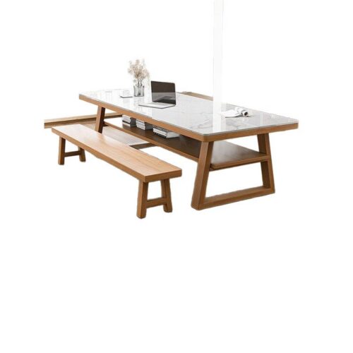 Rectangular Sintered Stone Dining Table Solid Pine Wood Frame With Bottom Storage Shelf - Dining table - QONKA HOME