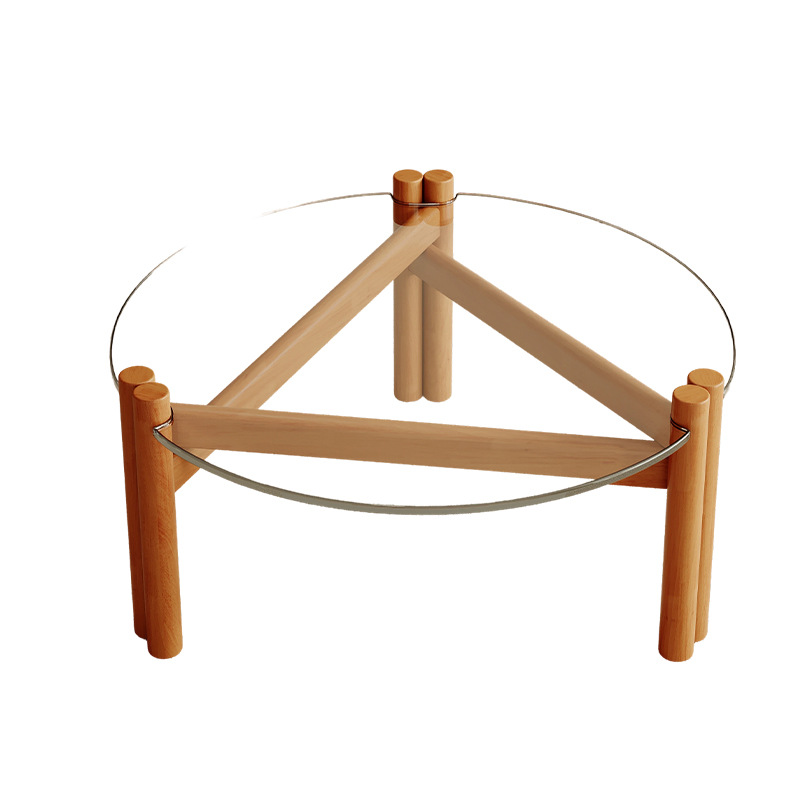 Modern minimalist Round Clear Glass Coffee Table, Tripod Wooden Leg Transparent Center Table