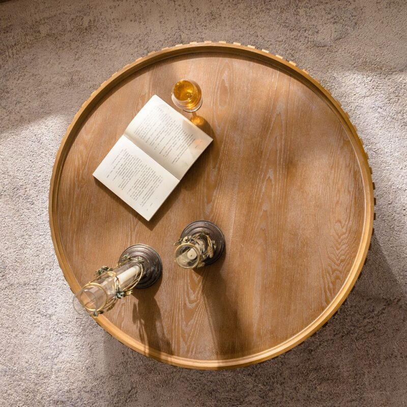 Mid‑Century Round Wood Coffee Table, Carved Fluted Pedestal Center Table, Vintage Distressed Wooden Tea Table