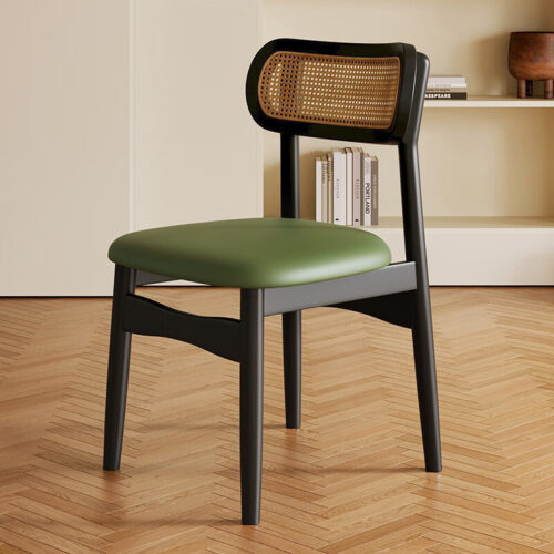 Solid Wood Rattan Back Dining Chair PU Leather Upholstered Seat Retro Woven Dining Chair Custom Color For Home Restaurant ...