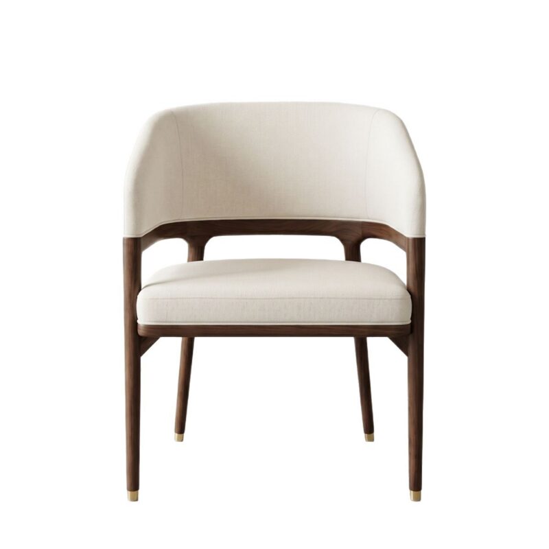 Luxury Curved Arm Solid Wood Dining Chair,  High-End Ash Wood Fabric Upholstered Chair With Metal Trim For Villa Hotel
