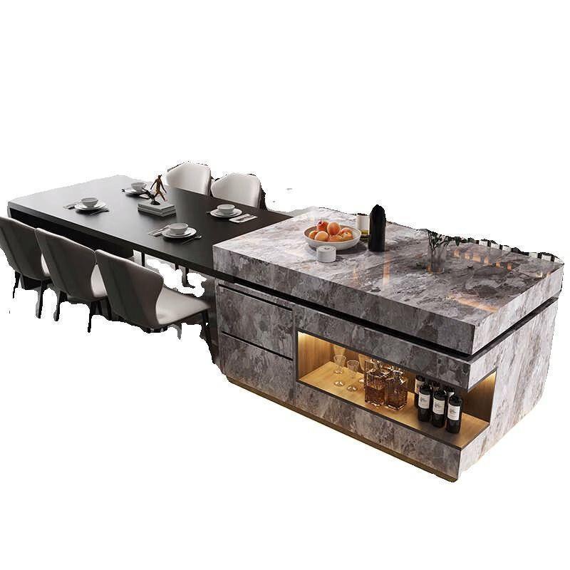 Modern Sintered Stone Dining Table with Solid Wood Cabinet Kitchen Island Integrated with LED Light