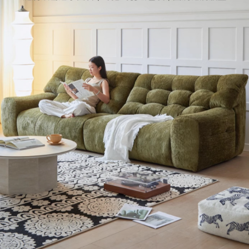 French Mid-Century Style Sofa, High-End Chenille Sofa, Vintage Green Living Room Sofa - Living room furniture - QONKA HOME