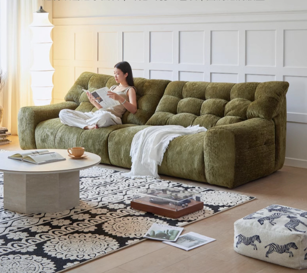 French Mid-Century Style Sofa, High-End Chenille Sofa, Vintage Green Living Room Sofa