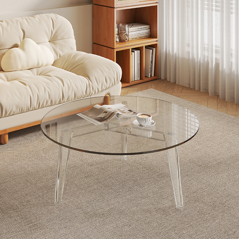Modern Round Clear Glass Coffee Table, Transparent Acrylic & wooden Leg Minimalist Center Table For Living Room Decor...