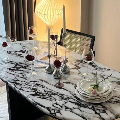 Oval Artificial Marble Dining Table Fluted Carbon Steel Leg Modern Luxury Dinner Table - Dining table - QONKA HOME
