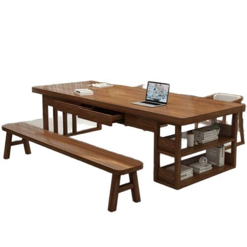 Solid Pine Wood Multi-function Dining Table with Side Drawers & Bottom Storage Shelf - Dining table - QONKA HOME
