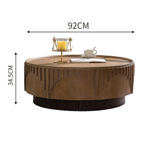 Mid‑Century Round Wood Coffee Table, Carved Fluted Pedestal Center Table, Vintage Distressed Wooden Tea Table - Coffee t...