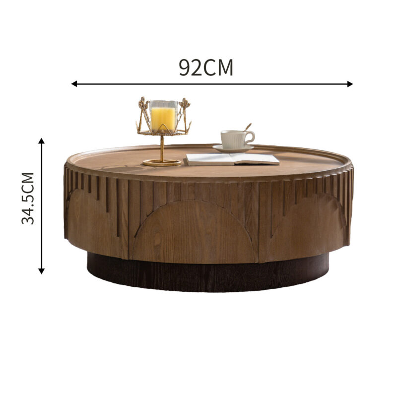Mid‑Century Round Wood Coffee Table, Carved Fluted Pedestal Center Table, Vintage Distressed Wooden Tea Table