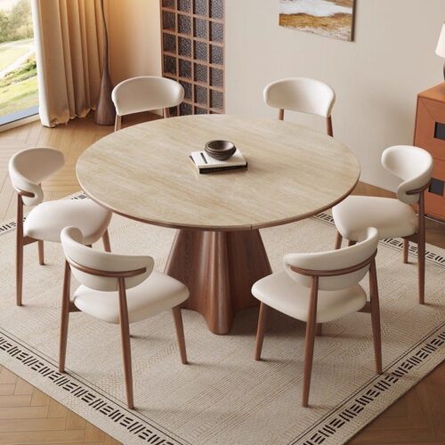 Extendable Round Dining Table Sintered Stone Top with Solid Wood Base and Fiberglass Table Leg - Dining table - QONKA HOME