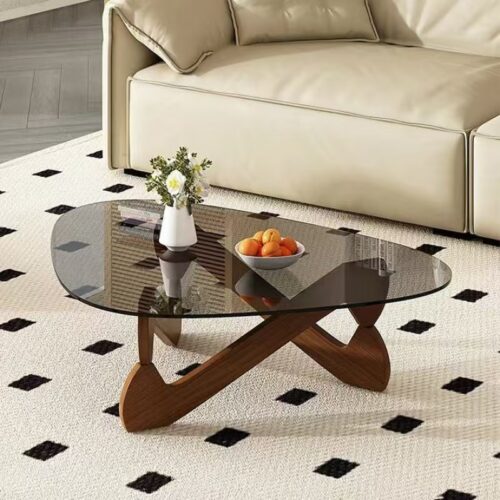 Modern  rounded triangle Tempered Glass Coffee Table, Unique Crossed Solid Wood Leg Art Center Table - Coffee table - QONK...