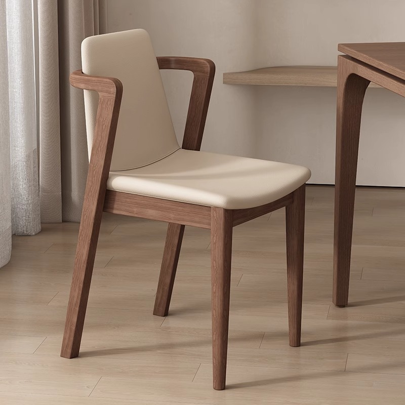 QONKA Nordic Minimalist Solid Wood Arm Dining Chair, Upholstered PU Leather Cushioned Side Chair With Armrest For Ho main product image 6