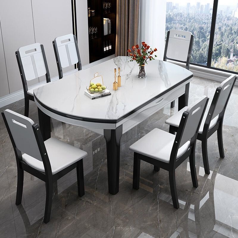 Extendable Dining Table with Sintered Stone Top & Rubber Wood Frame, Round to Oval Convertible Dinner Table for Home Dining Room