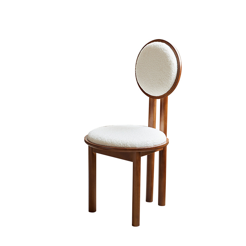 Vintage Solid Wood Dining Chair With Round Hollow Backrest, Cream Boucle Teddy Fabric Upholstered Seat, Mid Century Modern Designer Side Chair For Dining Room Kitchen