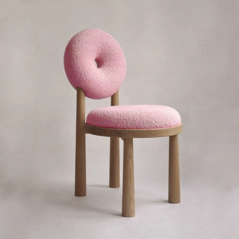 Solid Wood Dining Chair Donut Round Back Teddy Fabric Upholstered Makeup Stool for Bedroom Cafe Home Restaurant