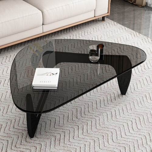 Mid‑Century Irregular Amber Glass Coffee Table, Asymmetrical Tea Table with Rubber Wood Legs - Coffee table - QONKA HOME